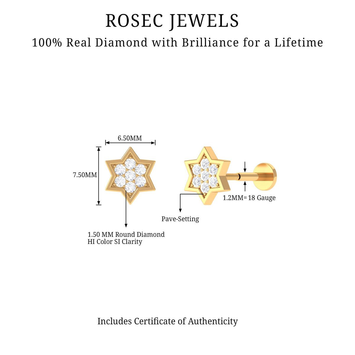 Certified Diamond Star Earring for Helix Piercing