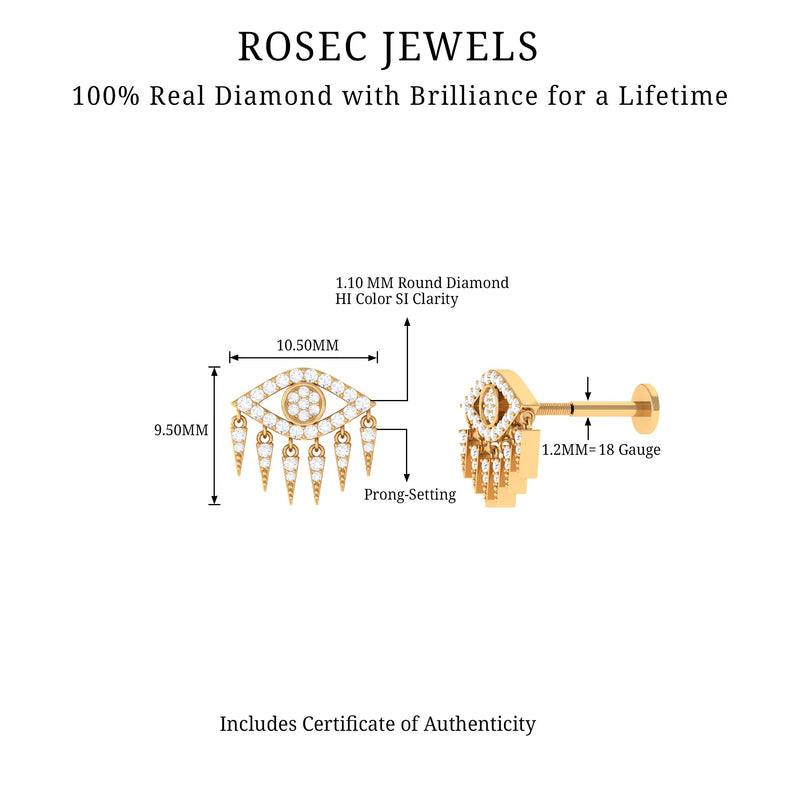 Diamond evil eye upper lobe earring in body jewelry style by Rosec Jewels, featuring a sparkling eye design in a small stud.