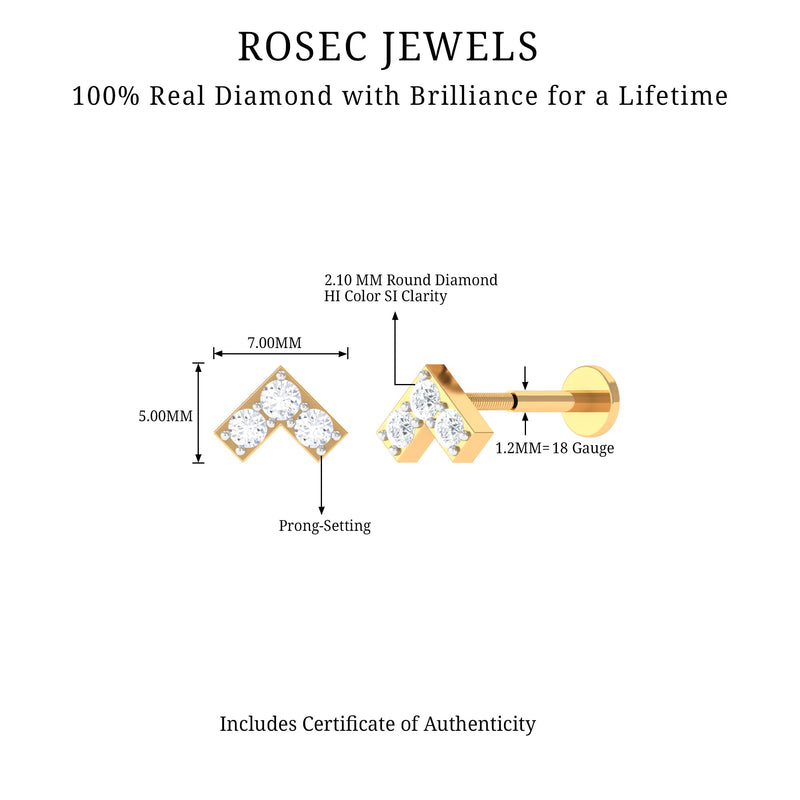 Certified diamond chevron V earring for tragus piercing, Rosec Jewels body jewelry with sparkling diamond accents.