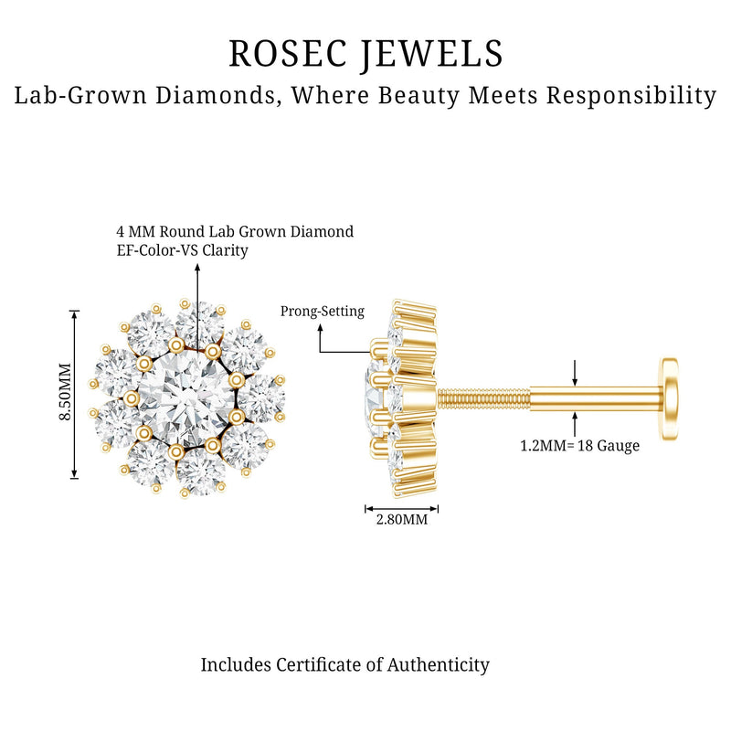Rosec Jewels certified diamond cluster stud earring with flat back, elegant body jewelry featuring sparkling diamonds and a secure fit.