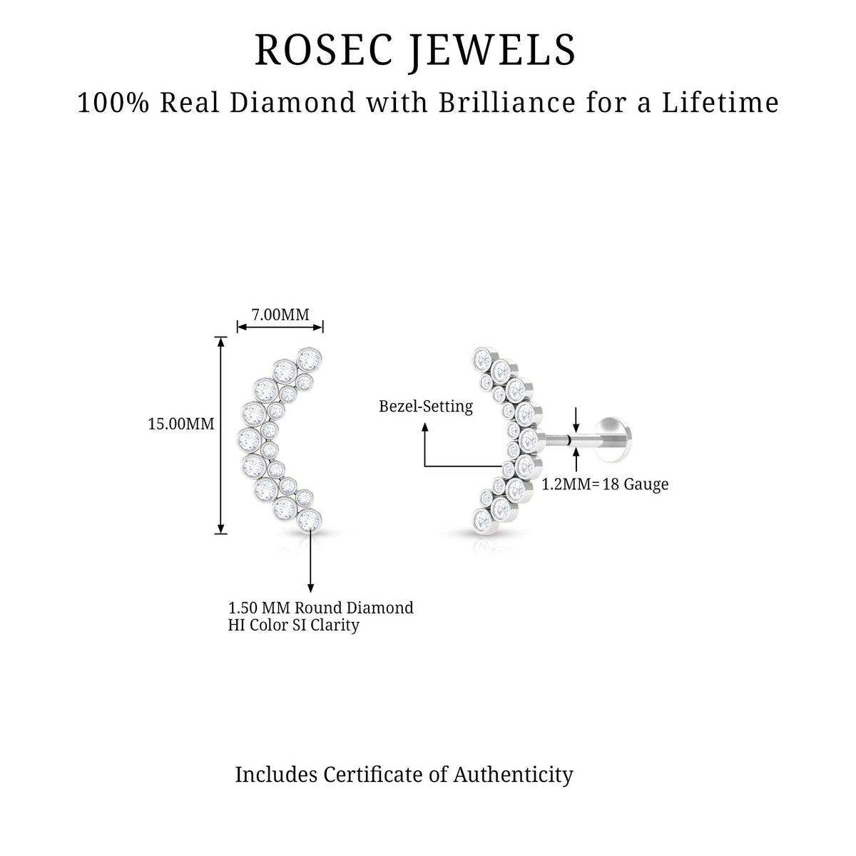 Bezel Set Diamond Ear Crawler Earring with Flat Back
