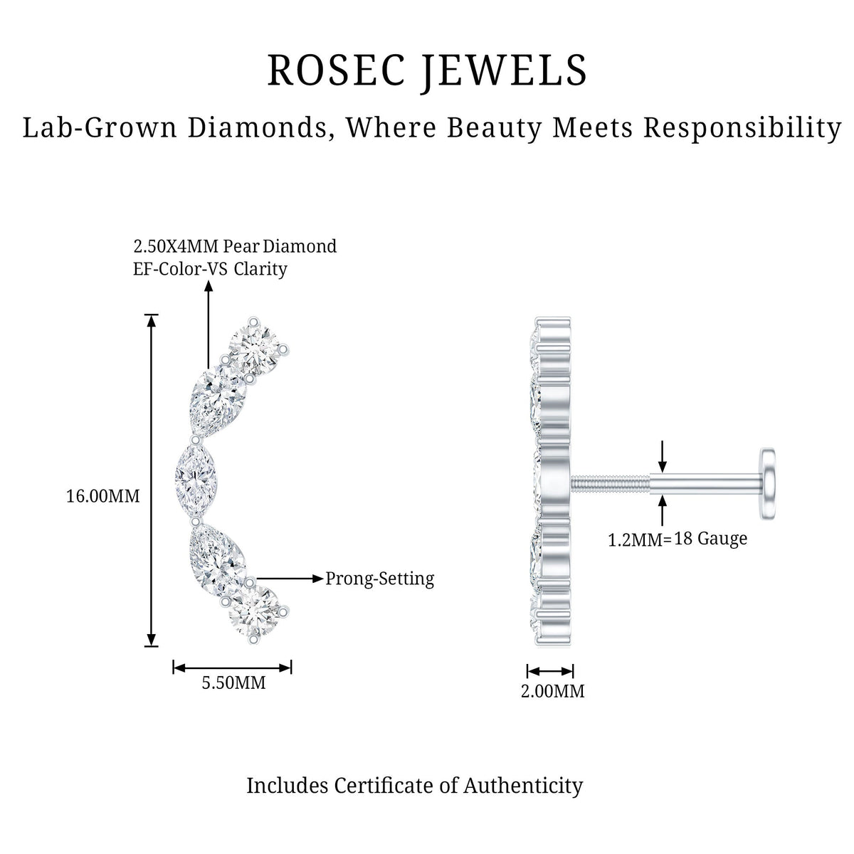 Pear Diamond Ear Crawler Earring for Helix Piercing