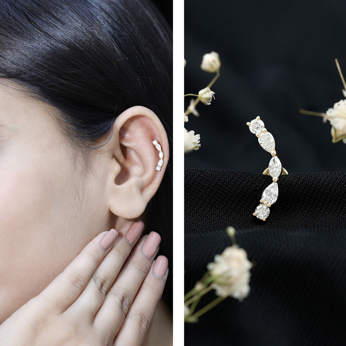 Pear Diamond Ear Crawler Earring for Helix Piercing