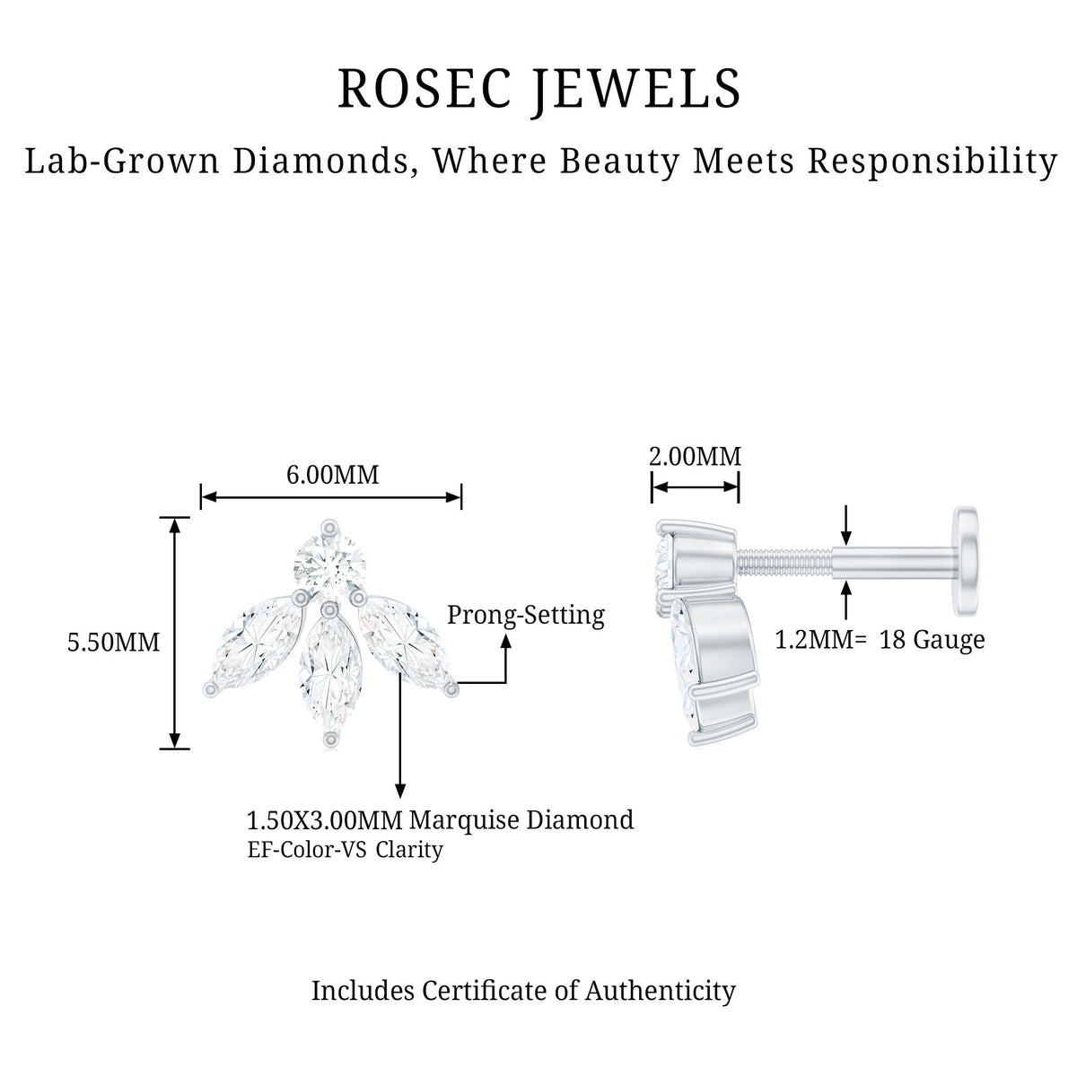 Marquise Shape Diamond Leaf Earring for Helix Piercing