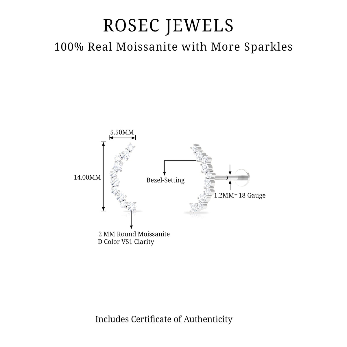 Round Cut Moissanite Ear Crawler Earring for Helix Piercing
