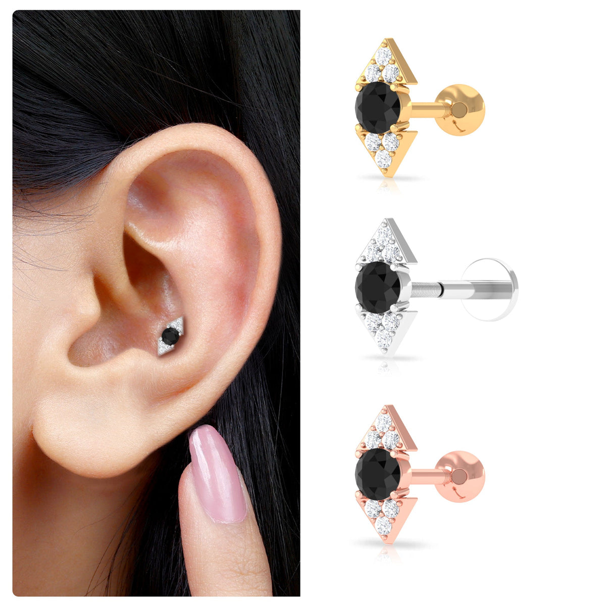 Dainty Black Onyx and Diamond Arrow Tragus Earring