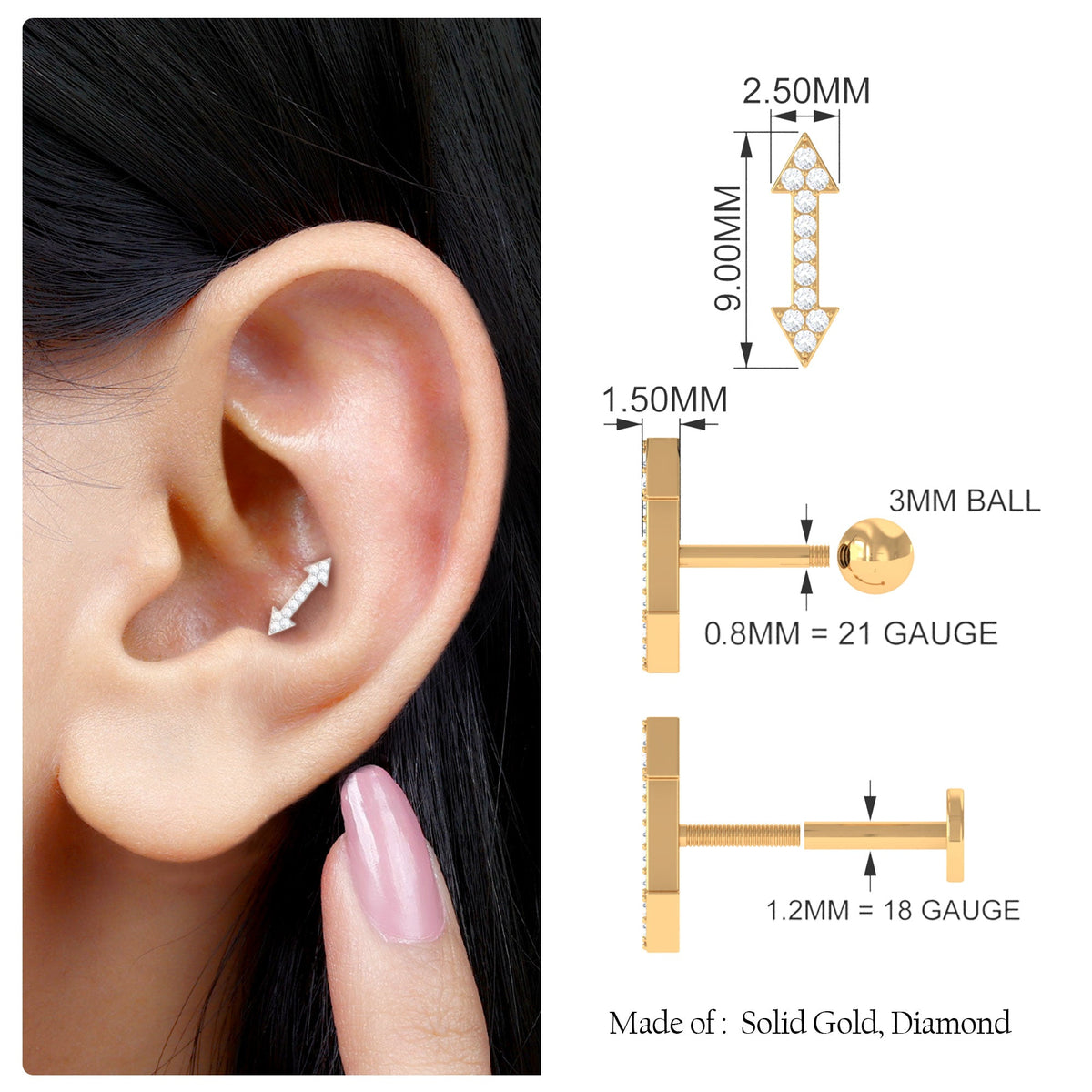 Natural Diamond Arrow Tragus Earring for Women