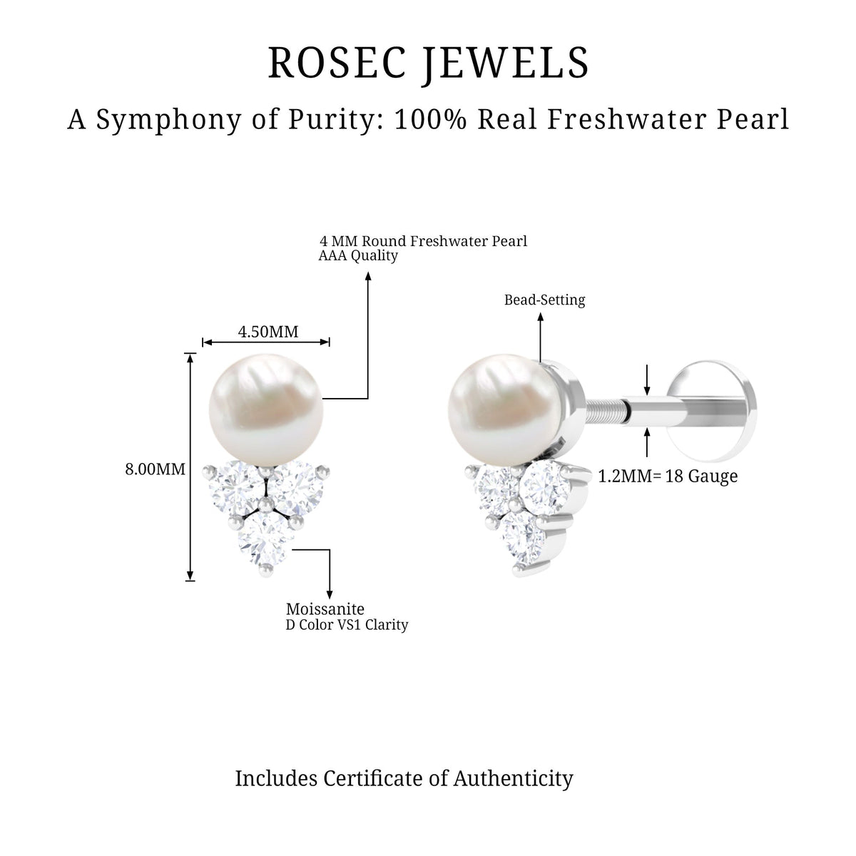 2 Carat Freshwater Pearl and Diamond Tragus Earring