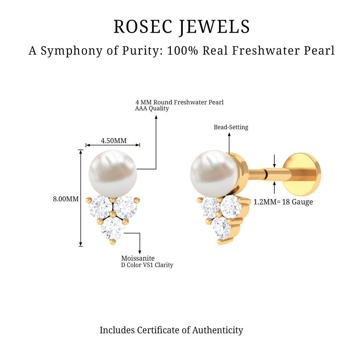 2 Carat Freshwater Pearl and Diamond Tragus Earring