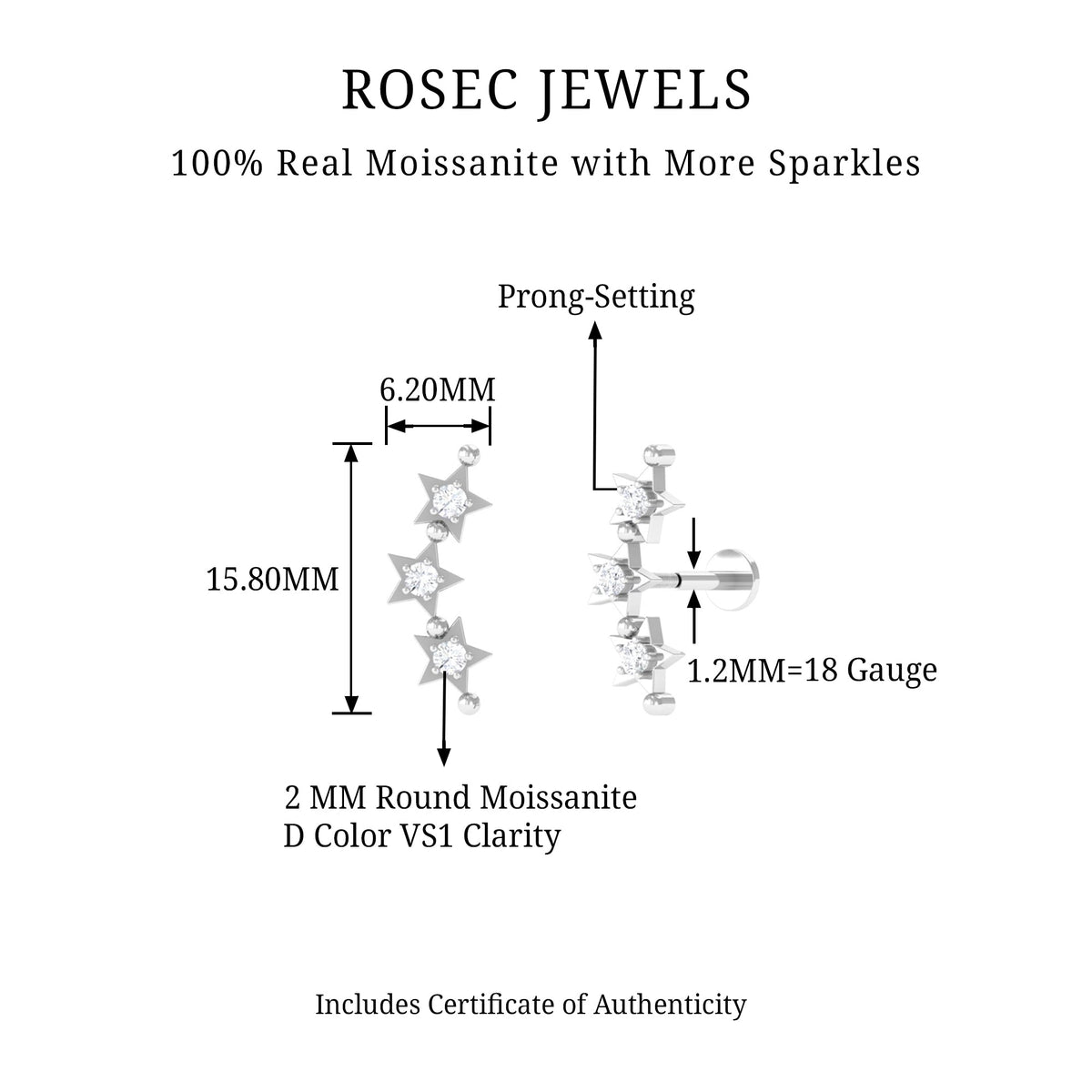 Moissanite Triple Star Ear Climber Earring