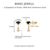 Elegant Diamond and Freshwater Pearl Drop Earring with Black Enamel