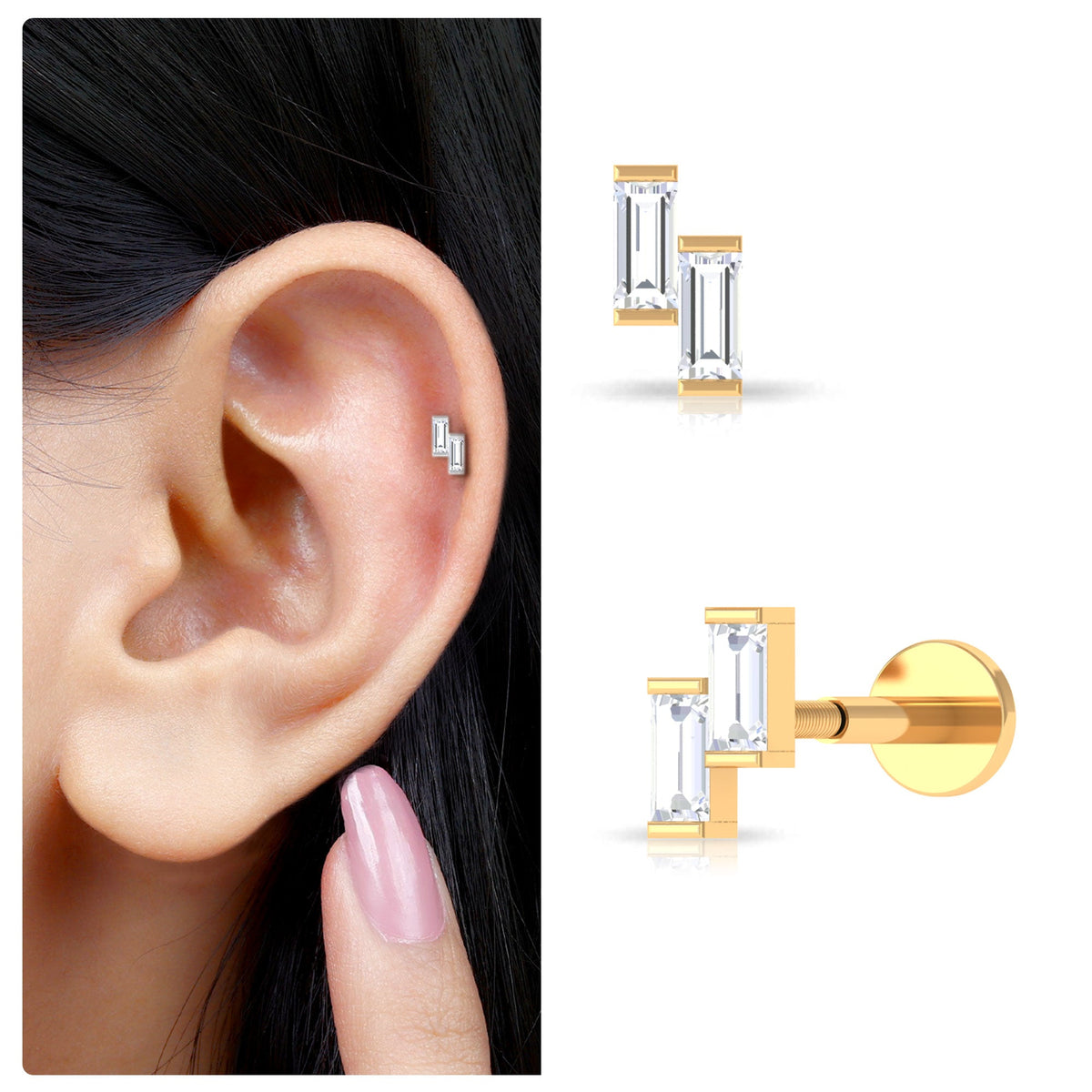 Dainty Baguette Moissanite 2 Stone Earring for Helix Piercing