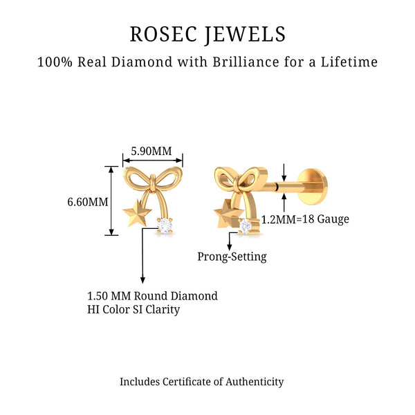 Rosec Jewels natural diamond bow cartilage earring with star design, body jewelry featuring sparkling diamonds and delicate craftsmanship.