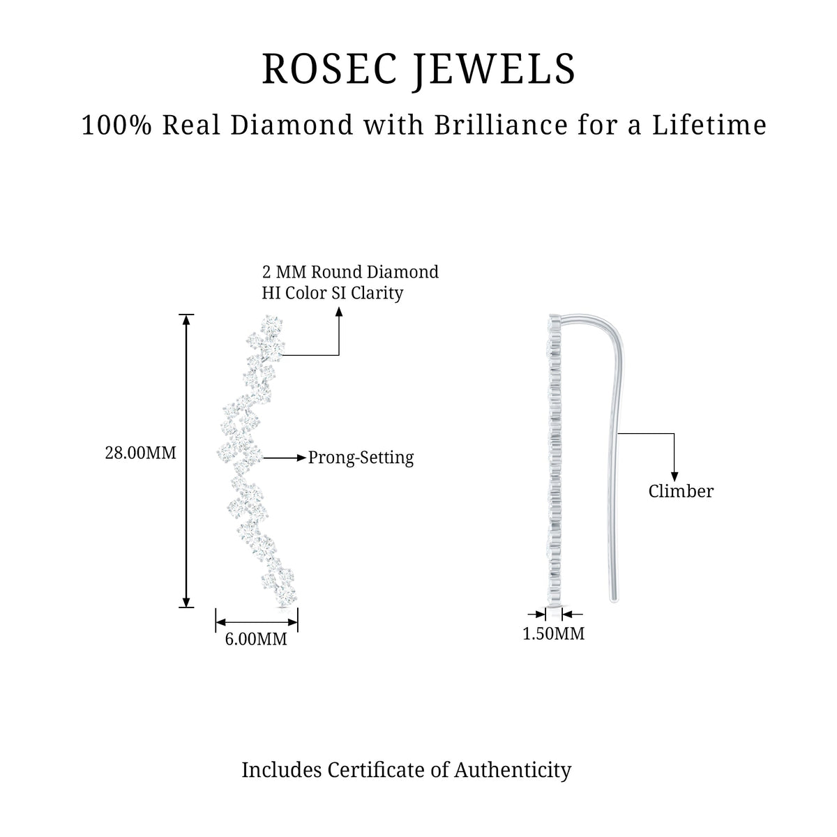 Diamond cluster climber earring for helix piercing, Rosec Jewels body jewelry featuring sparkling diamonds in a stylish design.