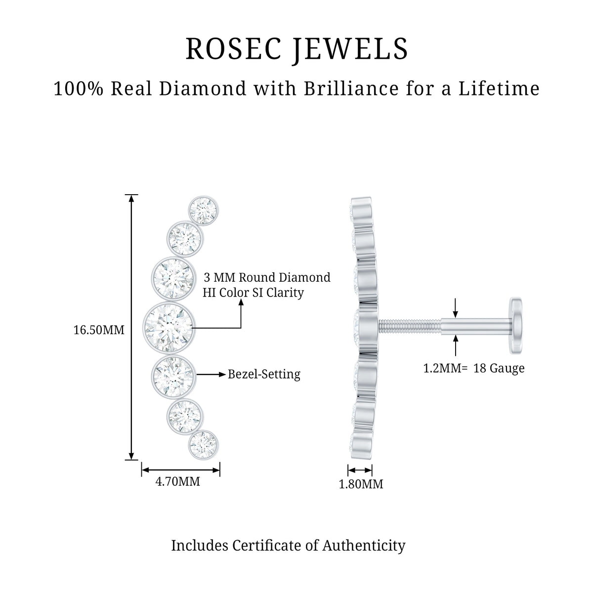 Graduated Diamond Crawler Helix Earring in Bezel Set
