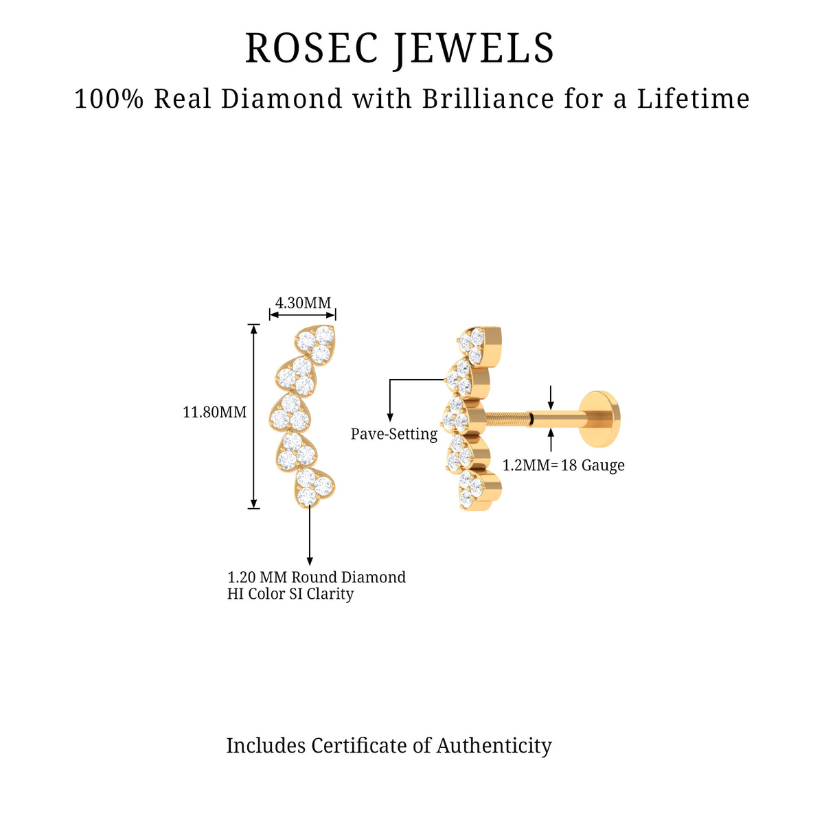 Diamond Heart Crawler Earring for Helix Piercing