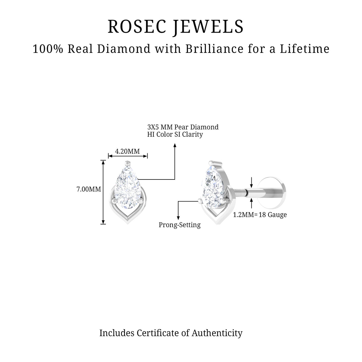 Pear Shape Diamond Solitaire Earring for Helix Piercing