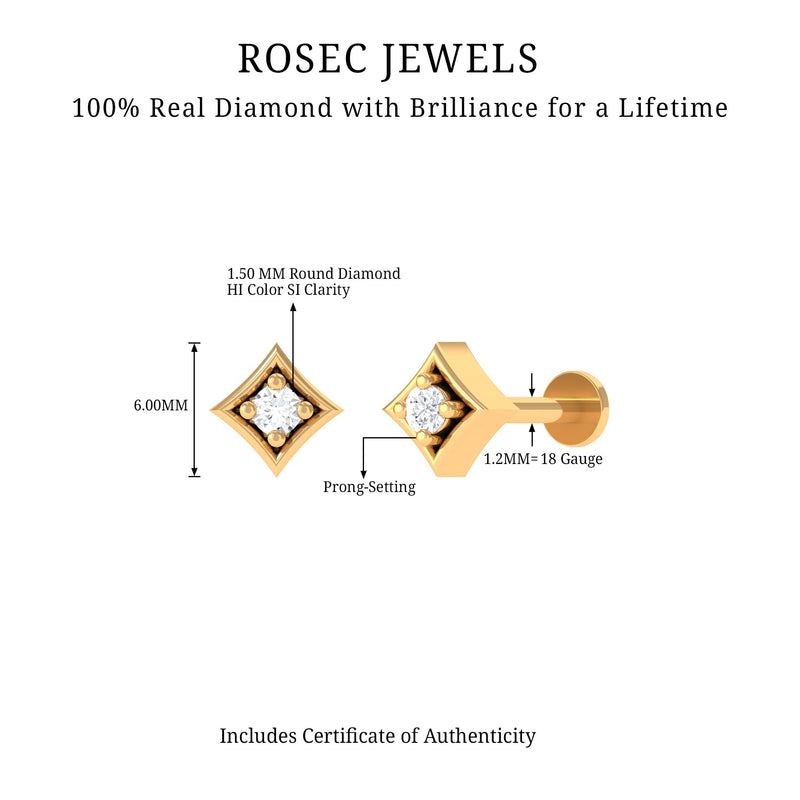 Close-up of a classic diamond solitaire nose pin for women, featuring a delicate body jewelry design by Rosec Jewels.