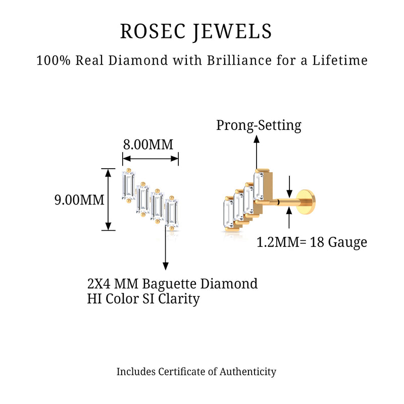 Rosec Jewels Baguette Diamond Helix Earring with flat back, body jewelry featuring a sparkling diamond baguette design.