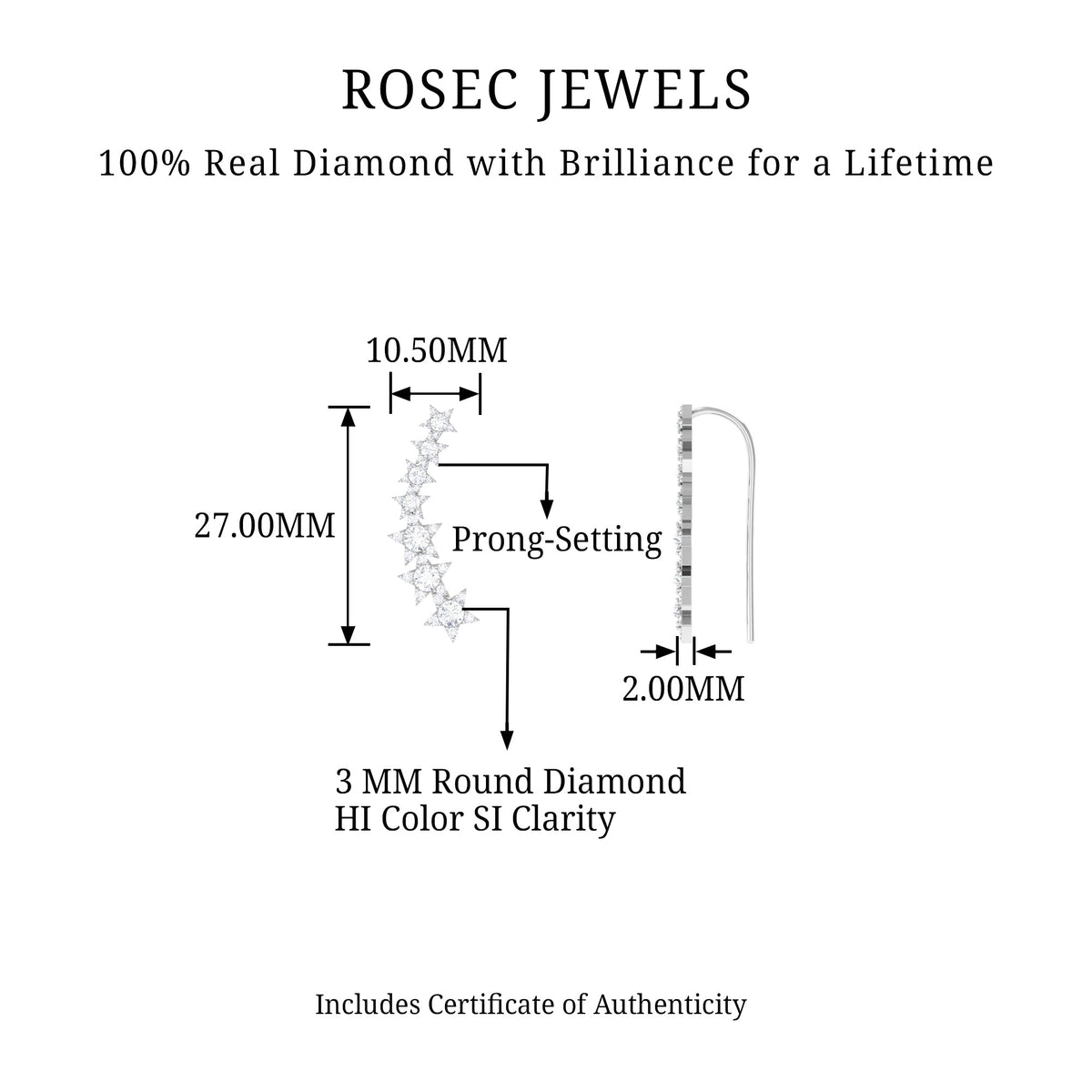 Certified Diamond Star Ear Cuff Earring for Helix Piercing