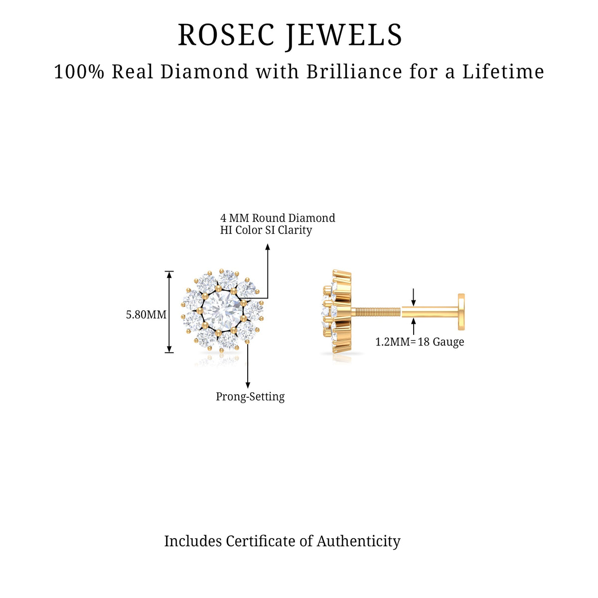 Certified Diamond Cluster Stud Earring with Flat Back