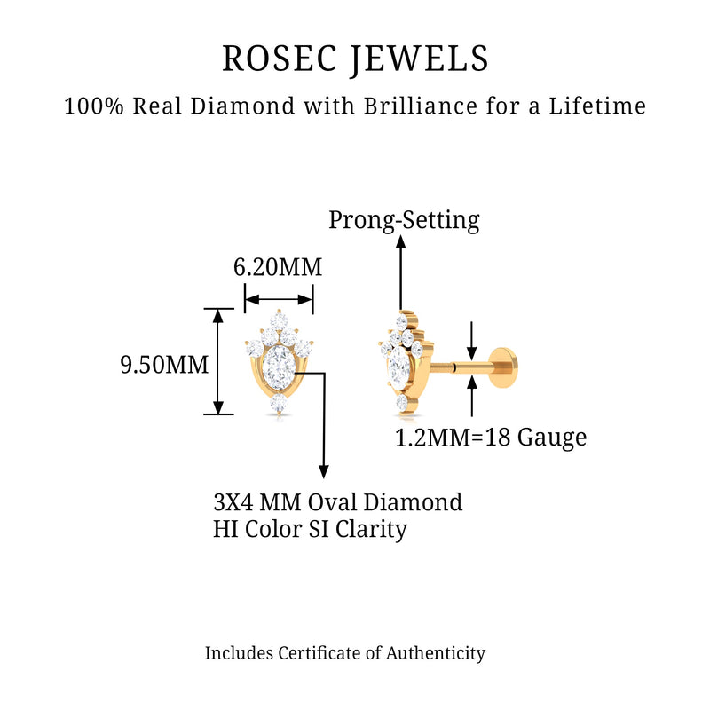 Diamond floral cluster earring for upper lobe piercing, rose gold body jewelry by Rosec Jewels with intricate floral design.