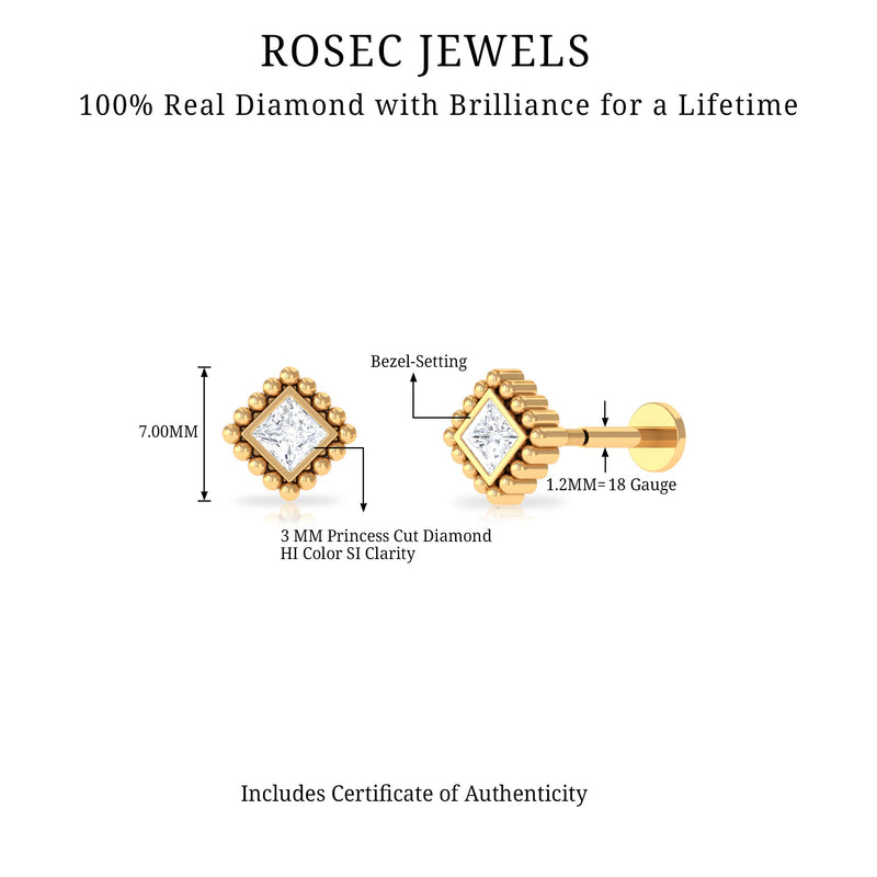 Princess Cut Diamond Solitaire Earring in Beaded Bezel Setting