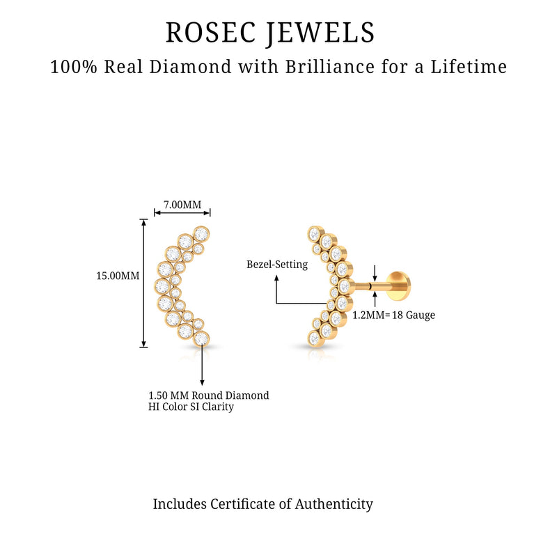 Bezel set diamond ear crawler earring with flat back, Rosec Jewels body jewelry featuring sparkling diamonds and sleek design.