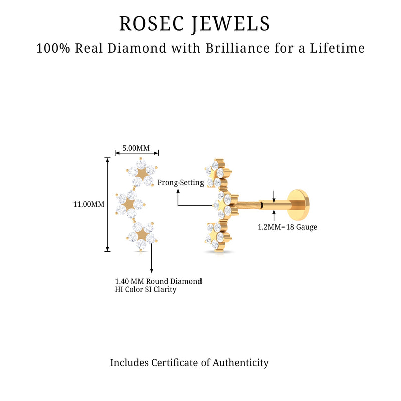 Elegant diamond flower crawler earring for helix piercing, body jewelry by Rosec Jewels with sparkling diamond accents.