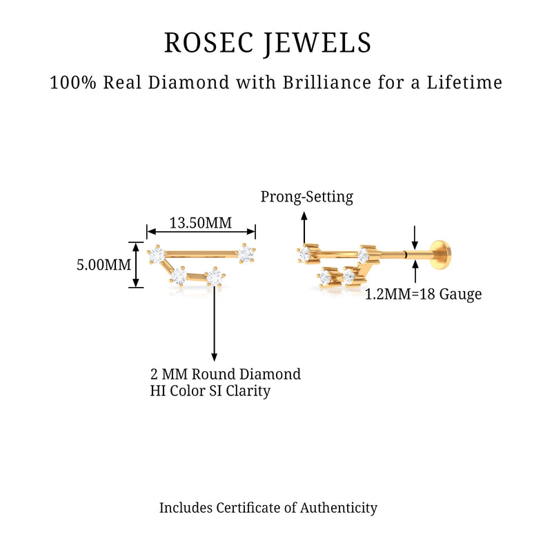 Rosec Jewels Certified Diamond Aries Zodiac Constellation Earring for Helix Piercing, body jewelry with sparkling diamond details.