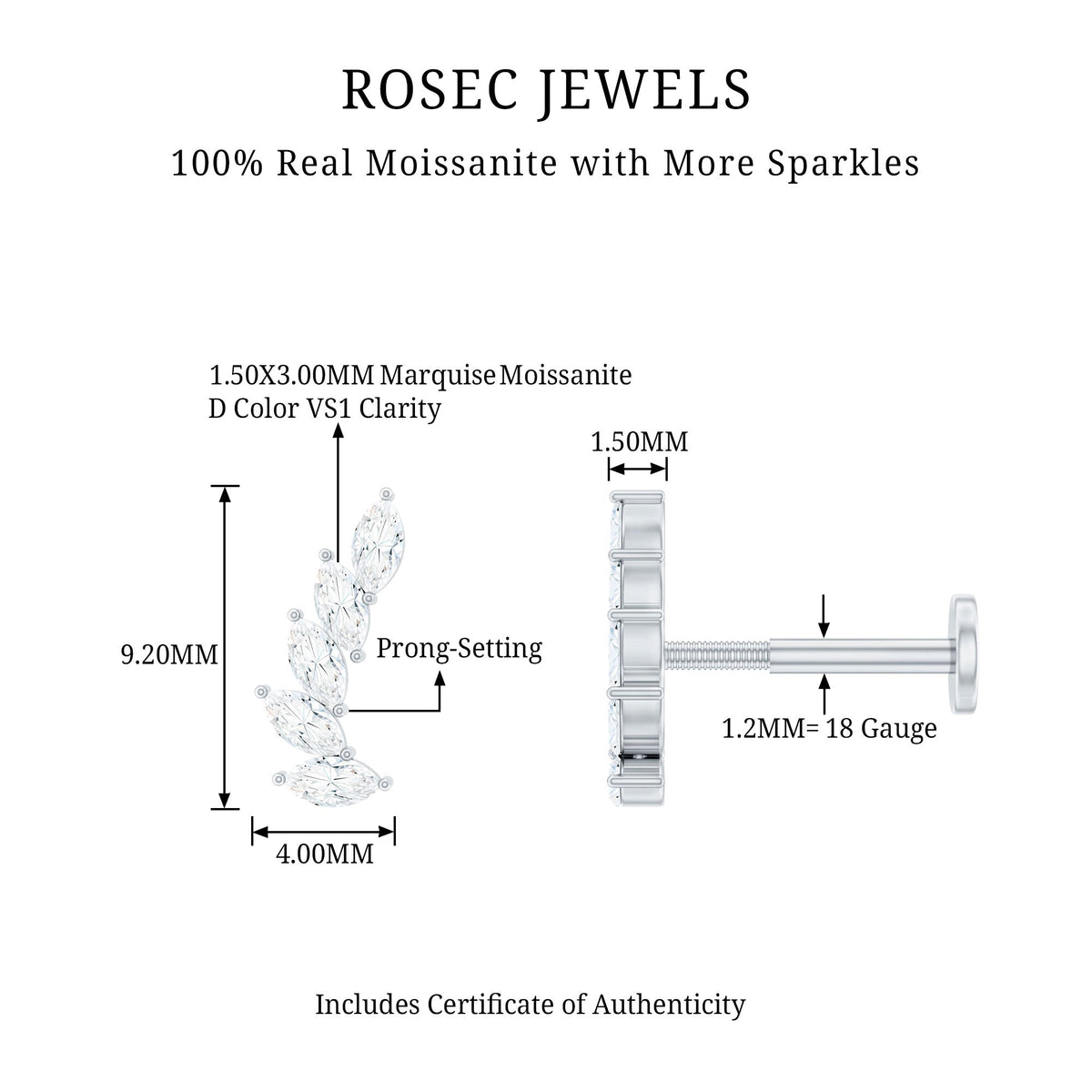 Marquise Moissanite Curved Helix Ear Crawler Earring