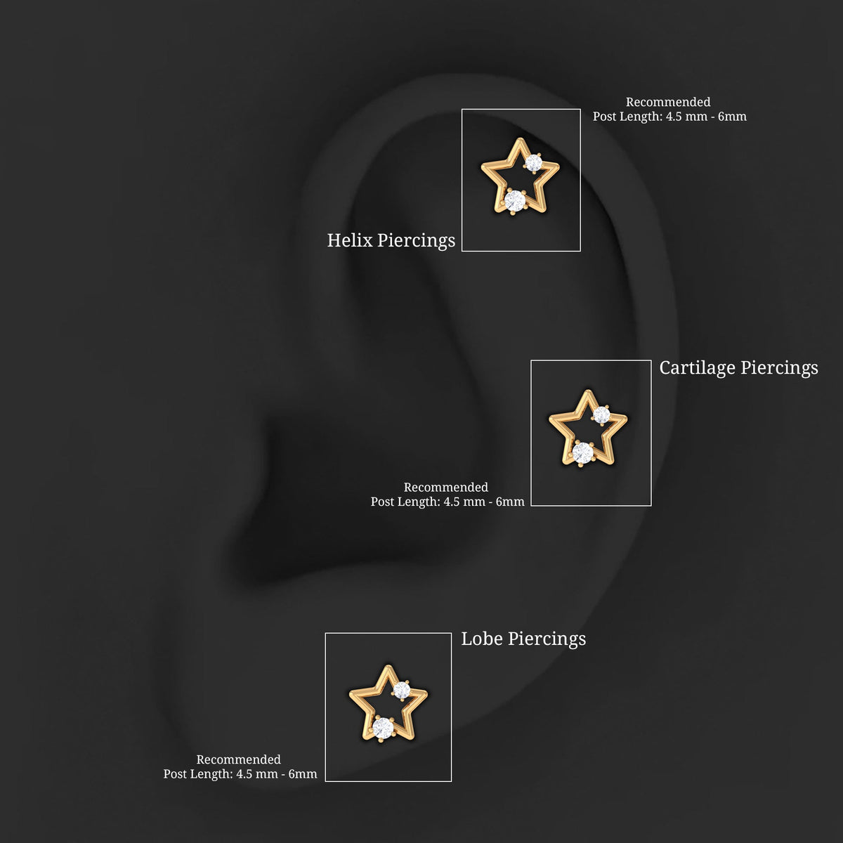 Certified Moissanite Star Shaped Earring for Upper Lobe Piercing