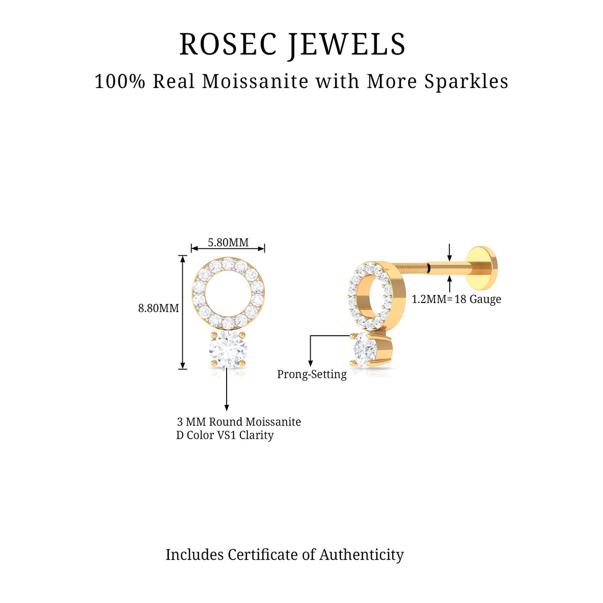 Certified Moissanite Open Circle Cartilage Earring for Women