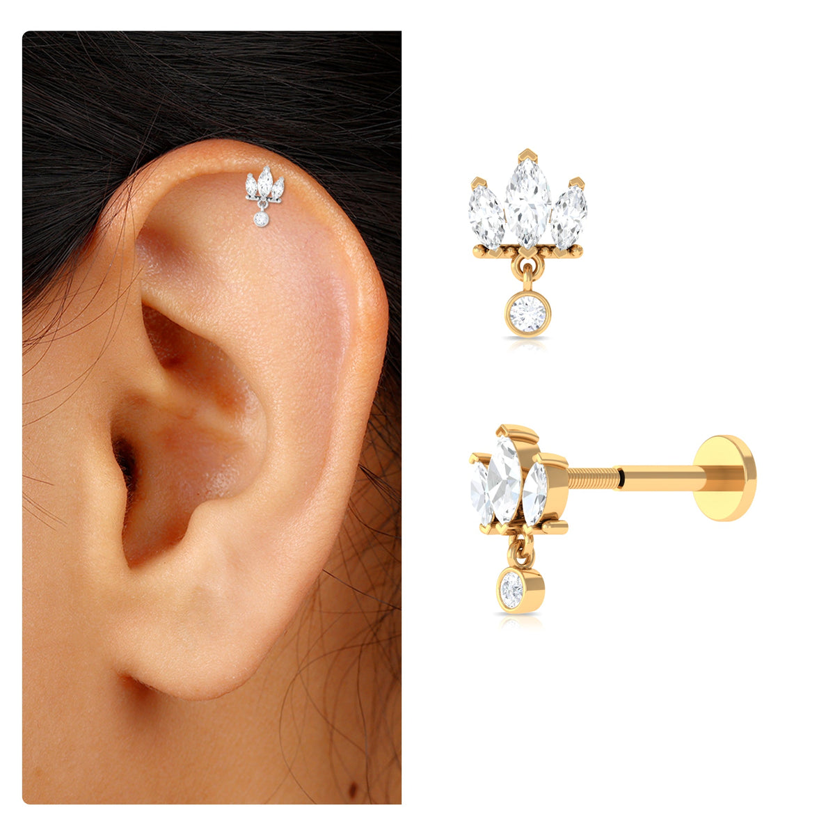 Marquise Moissanite Stud Drop Earring for Helix Piercing