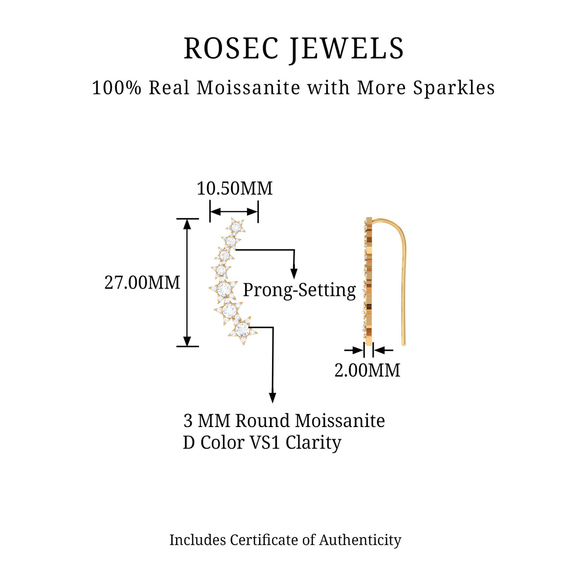 Moissanite Star Climber Earring for Cartilage Piercing