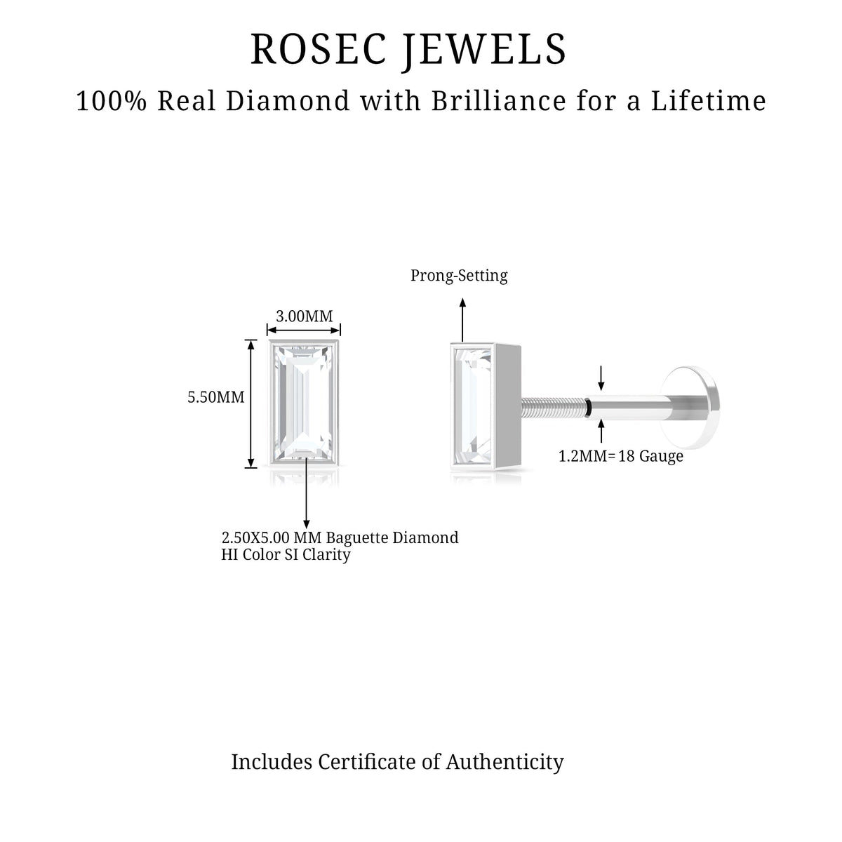 Baguette Diamond Tragus Earring in Bezel Setting