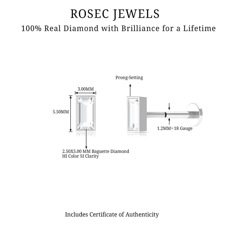 Bezel-set baguette diamond tragus earring from Rosec Jewels, showcasing elegant body jewelry with sparkling gemstone.
