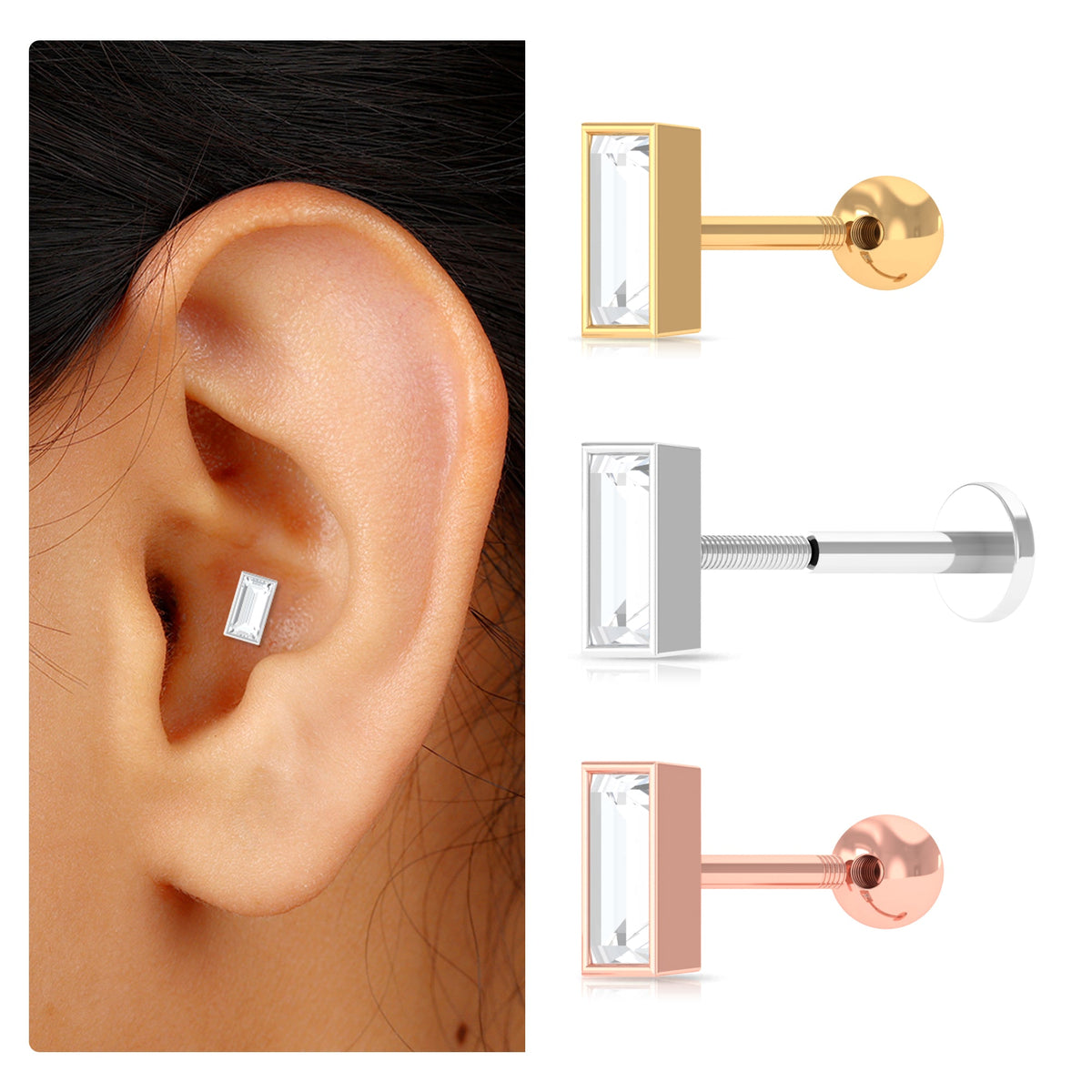 Baguette Diamond Tragus Earring in Bezel Setting