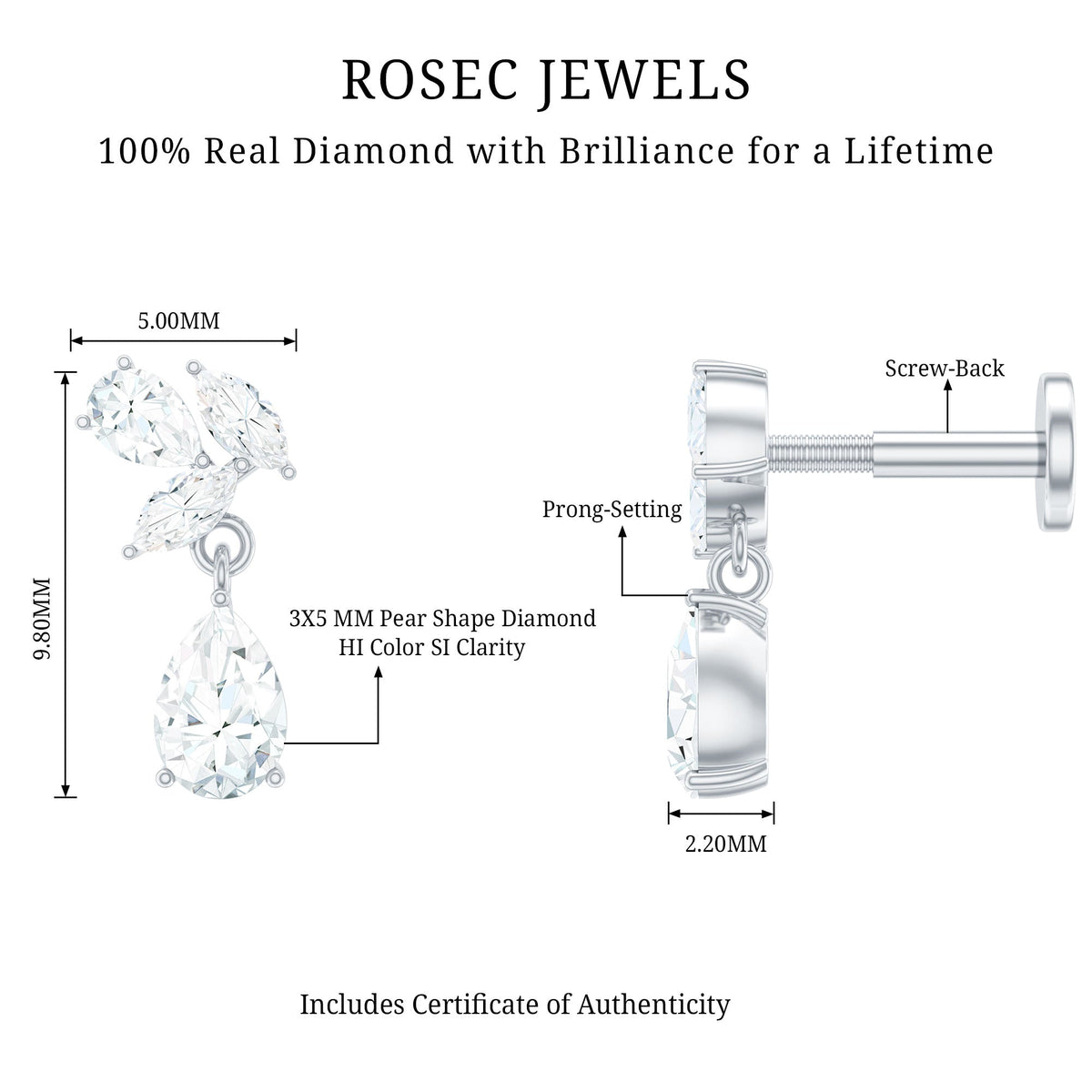 Natural Diamond Teardrop Cartilage Earring With Certificate
