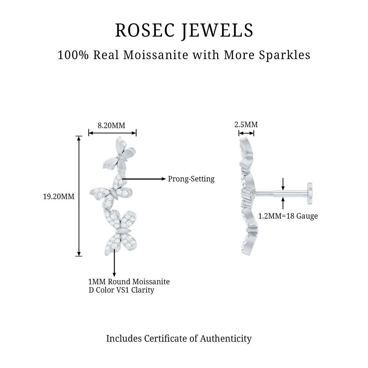 Moissanite butterfly climber earring for helix piercing, rose gold body jewelry with sparkling gemstone details.