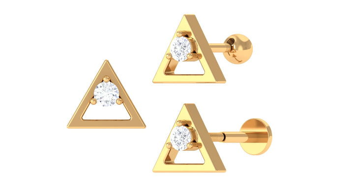 Round moissanite triangle earring for upper lobe piercing, body jewelry by Rosec Jewels, showcasing a sleek gold-tone design.