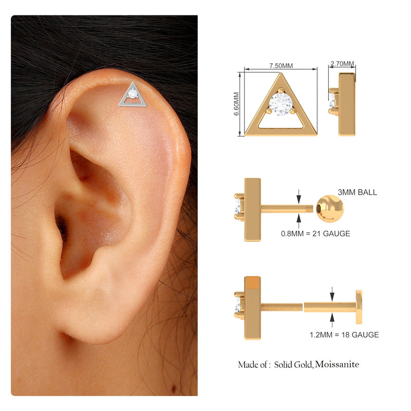 Round moissanite triangle body jewelry earring for upper lobe piercing, featuring a sparkling gemstone and sleek design.