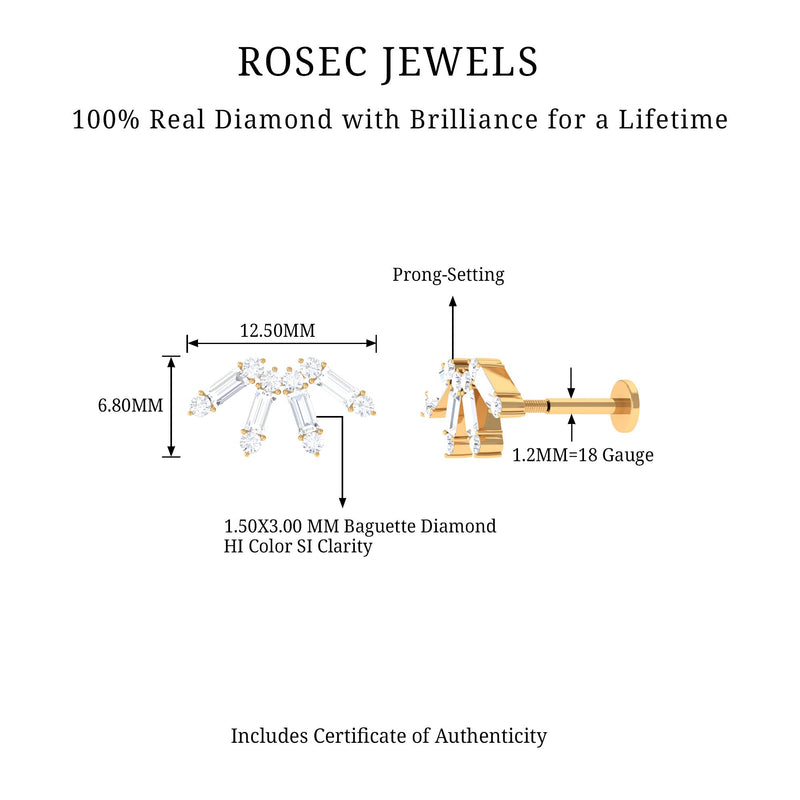 Rosec Jewels Baguette Diamond Fan Cartilage Earring, body jewelry featuring sparkling baguette diamonds on a fan design.