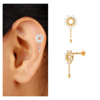 Moissanite Flower Chain Drop Earring for Cartilage Piercing