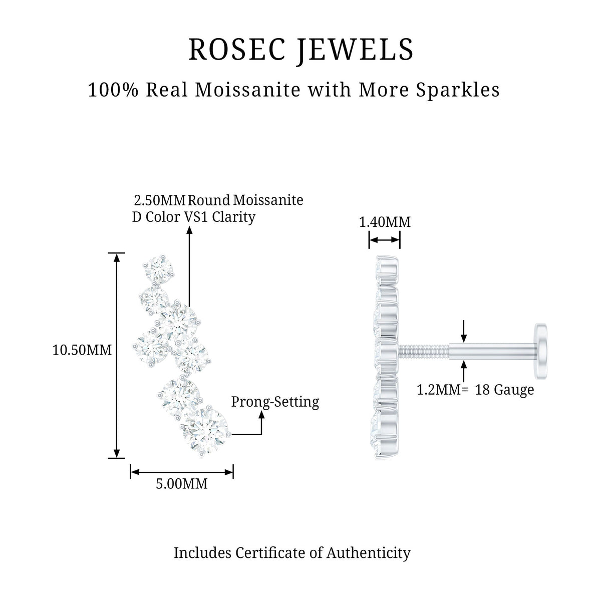 Round Moissanite Cluster Ear Crawler Earring for Helix Piercing