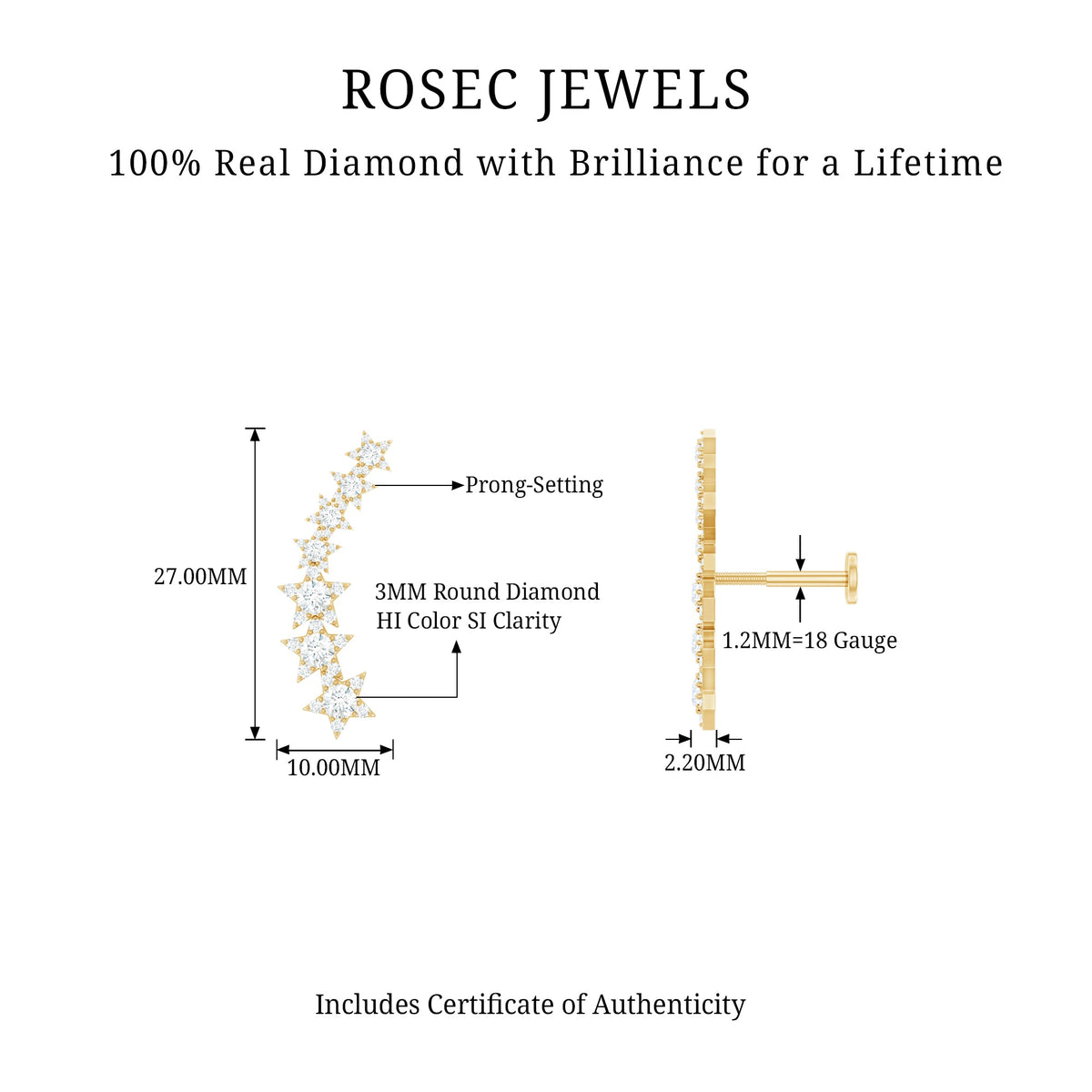 Graduated Diamond Star Crawler Earring for Helix Piercing