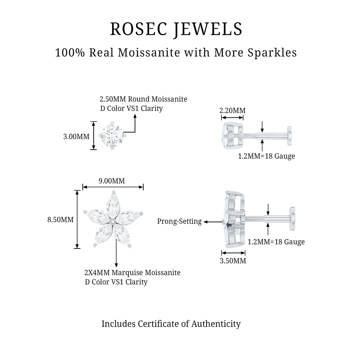 Marquise Moissanite Flower Cartilage Earring Set
