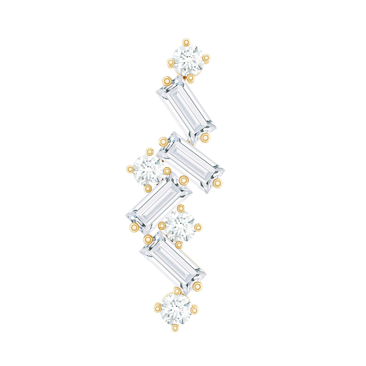 Baguette and Round Moissanite Cartilage Earring With Certificate