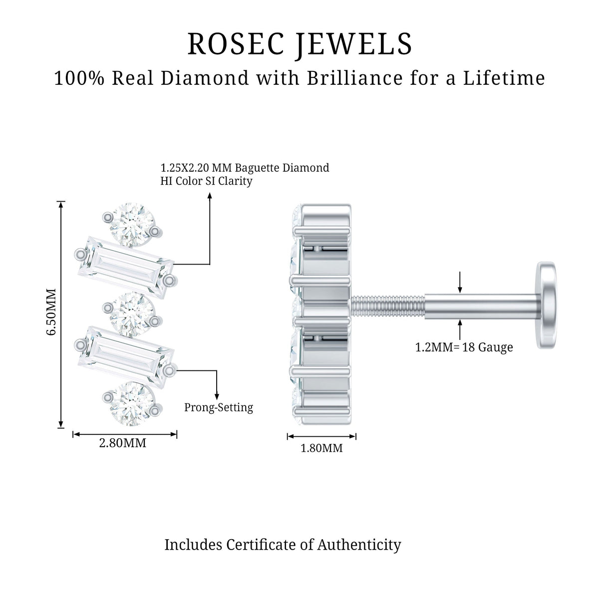 Genuine Baguette Diamond Tragus Earring With Certificate