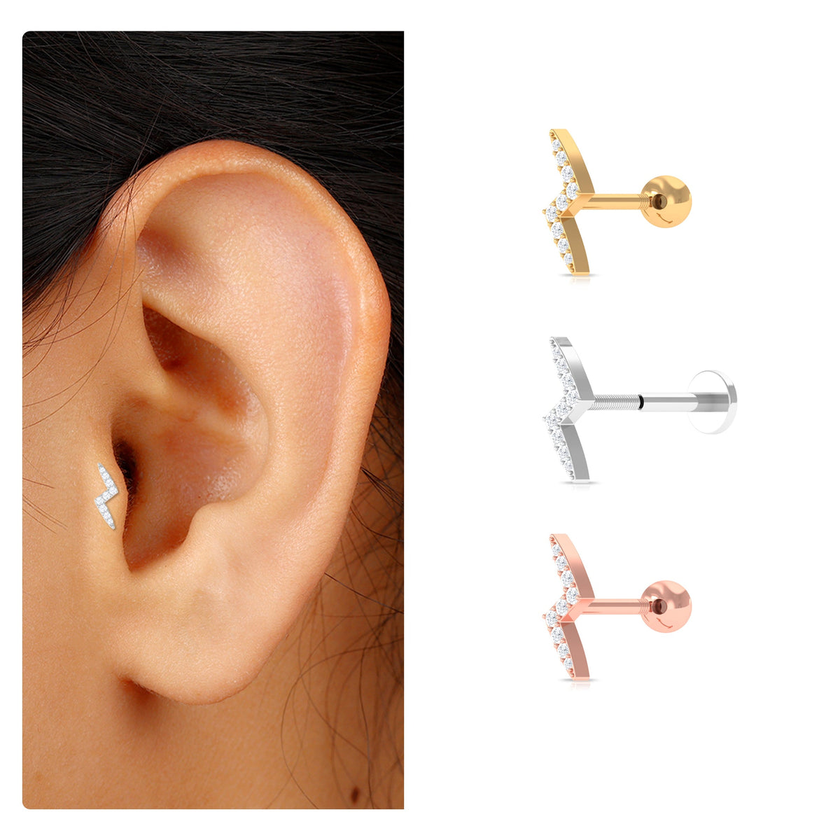 Minimal Diamond Lightning Bolt Earring for Helix Piercing